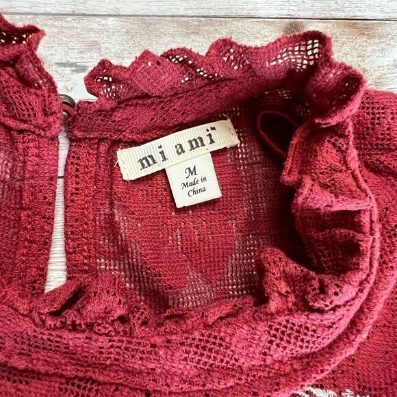 MI AMI Embroidered Floral Lace Ruffle Mini Babydoll Dress Medium Burgundy - Picture 9 of 13
